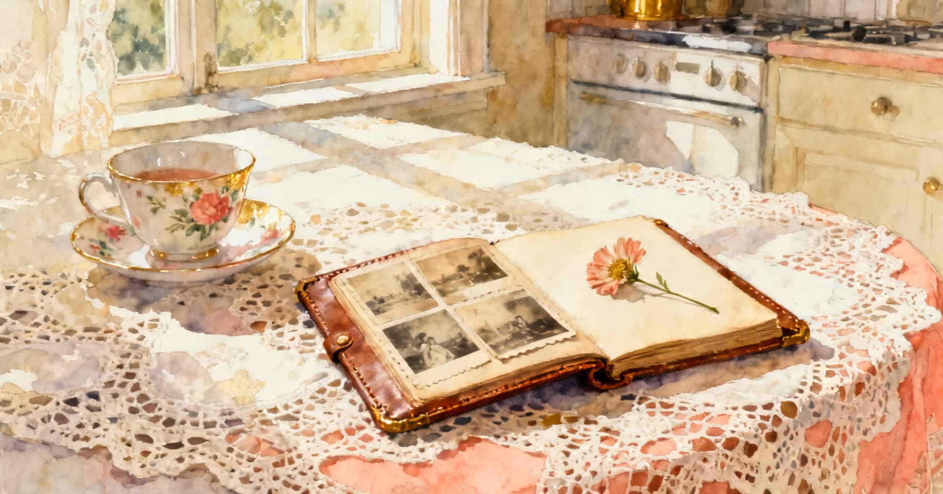Painterly still life of a vintage teacup, an open photo album with faded snapshots, and a pressed flower on a lace tablecloth in soft morning light.
