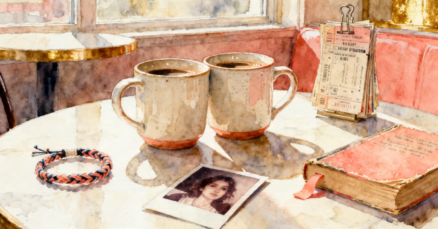 Painterly still life of two coffee mugs clinking, a pair of friendship bracelets, a stack of concert ticket stubs, a face-down polaroid, and a worn paperback on a sunlit cafe table.
