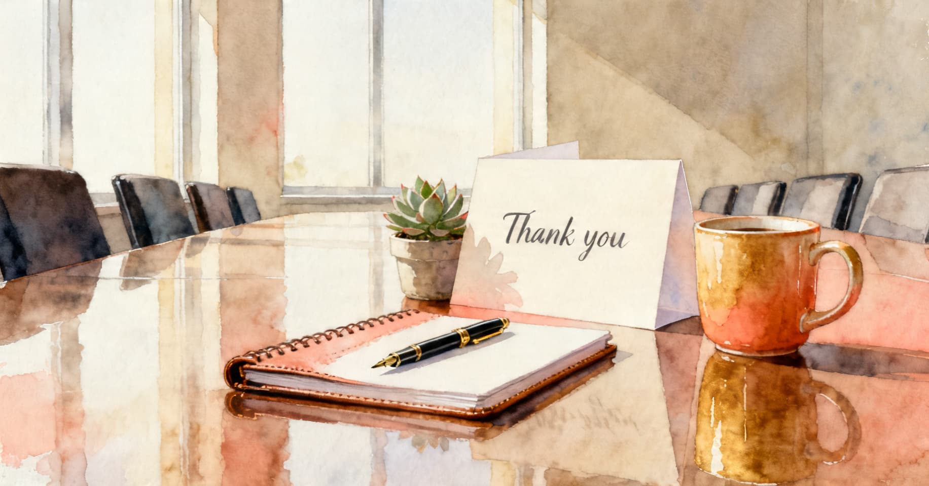 Painterly still life of a leather notepad, a fountain pen, a thank-you card propped against a succulent, and a warm coffee mug on a polished conference room table.