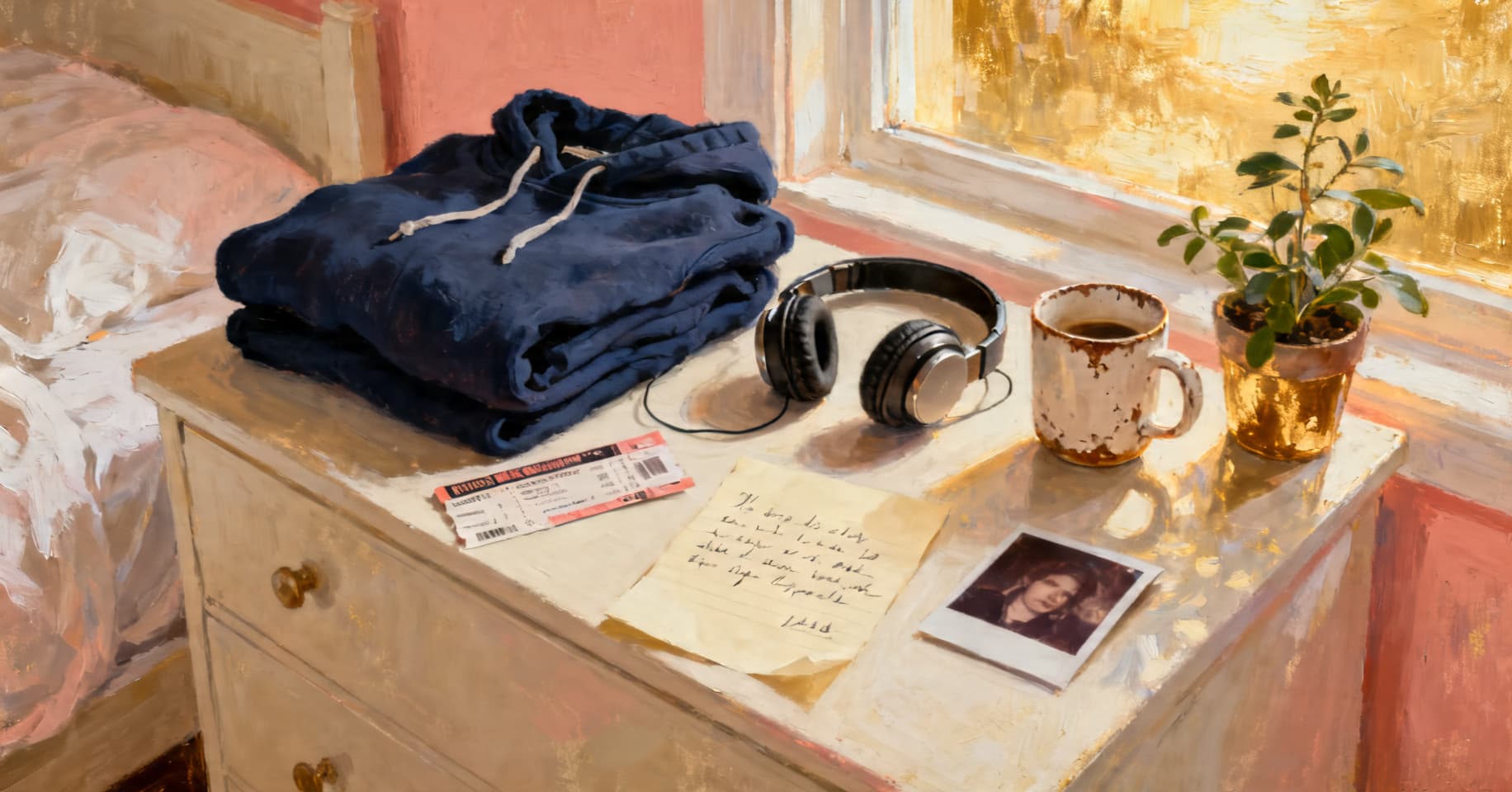 Painterly still life of a folded navy hoodie, headphones, a concert ticket stub, a chipped coffee mug, and a handwritten note on a bedroom dresser.