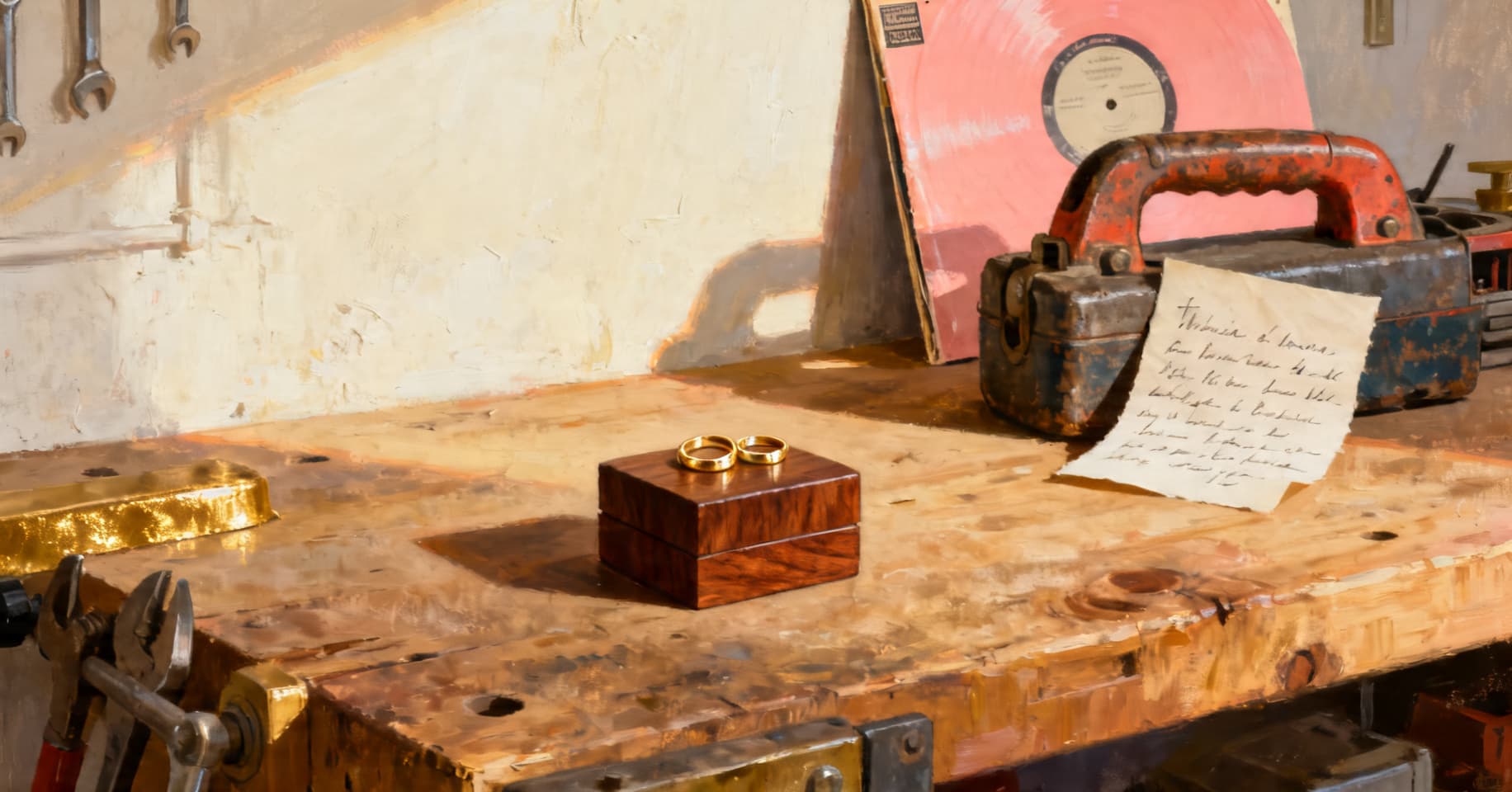Painterly still life of two gold wedding rings on a walnut box next to a well-used toolbox with a folded note and a vinyl record sleeve.