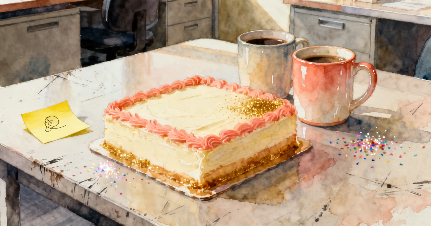 Painterly still life of a small sheet cake, two coffee mugs, a post-it note, and a sprinkle of confetti on a scratched breakroom table.
