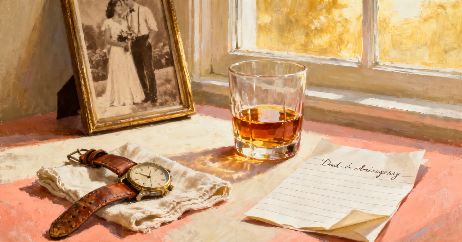 Painterly still life of a worn leather watch, a sepia wedding photo turned toward the wall, a glass of bourbon, and a handwritten song lyric on a folded page.