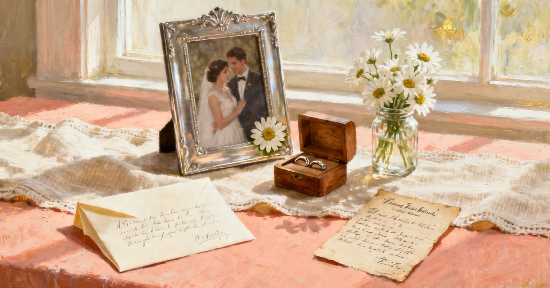 Painterly still life of a silver wedding frame with a pressed daisy, a wooden box of heirloom rings, a handwritten letter, a jar of daisies, and a worn family recipe card on a linen runner.