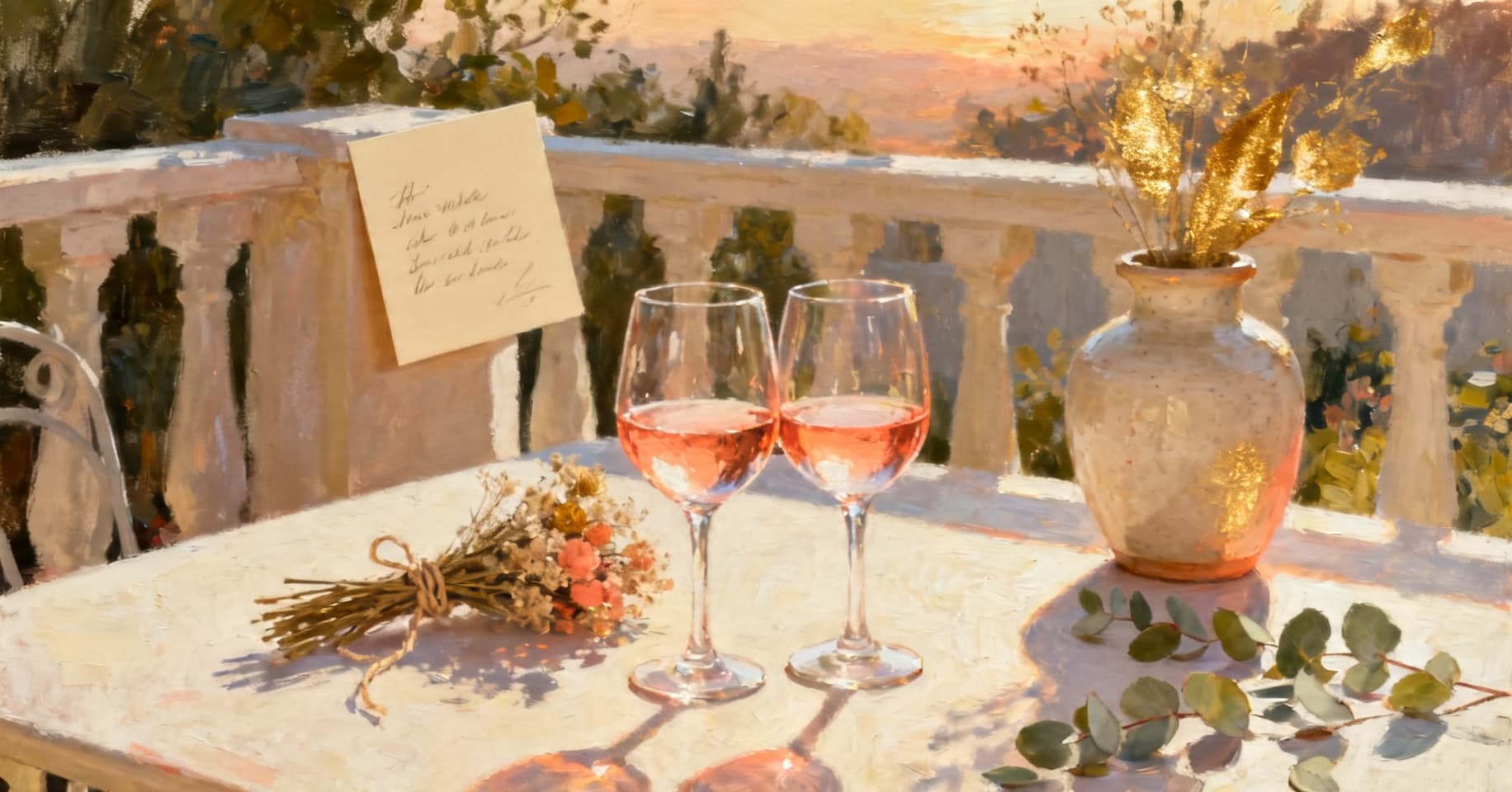Painterly still life of two wine glasses clinking, dried flowers tied with twine, and a handwritten card on a sunlit patio table.