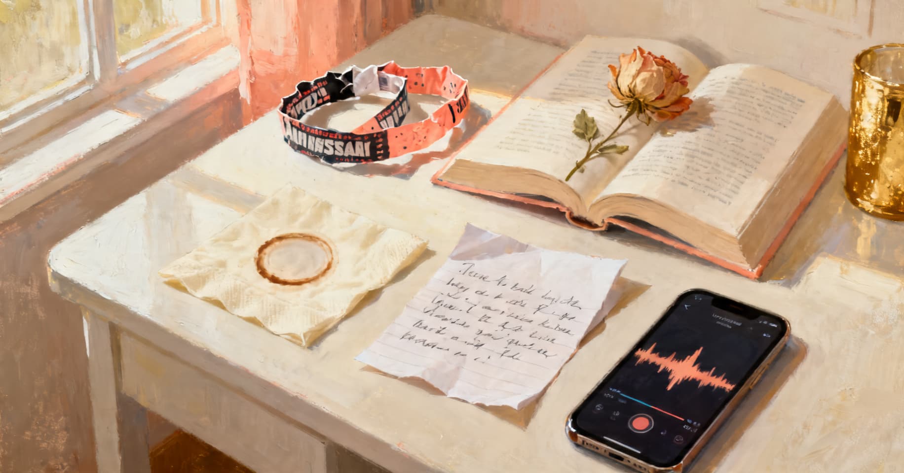 Painterly still life of concert wristbands, a pressed flower in a book, a coffee-ringed napkin, a handwritten note, and a phone showing a playlist.