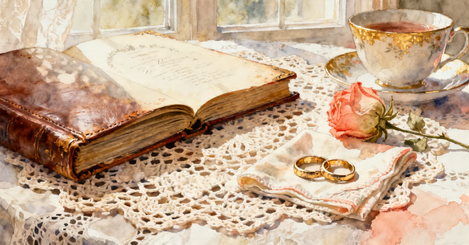 Painterly still life of a worn wedding album, two gold wedding bands on a handkerchief, a pressed rose, and a teacup on a lace tablecloth.