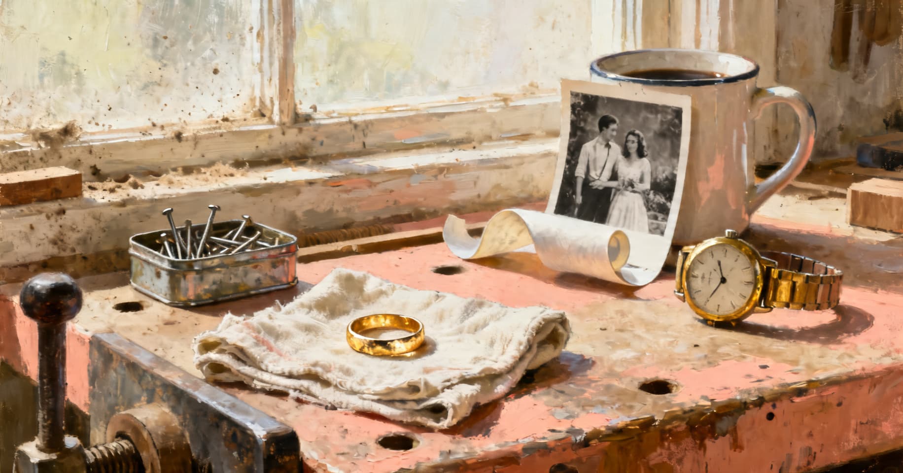 Painterly still life of a worn gold wedding ring on a shop rag, an old wristwatch, a tin of nails, and a curling black-and-white wedding photo on a grandfather's workshop bench.