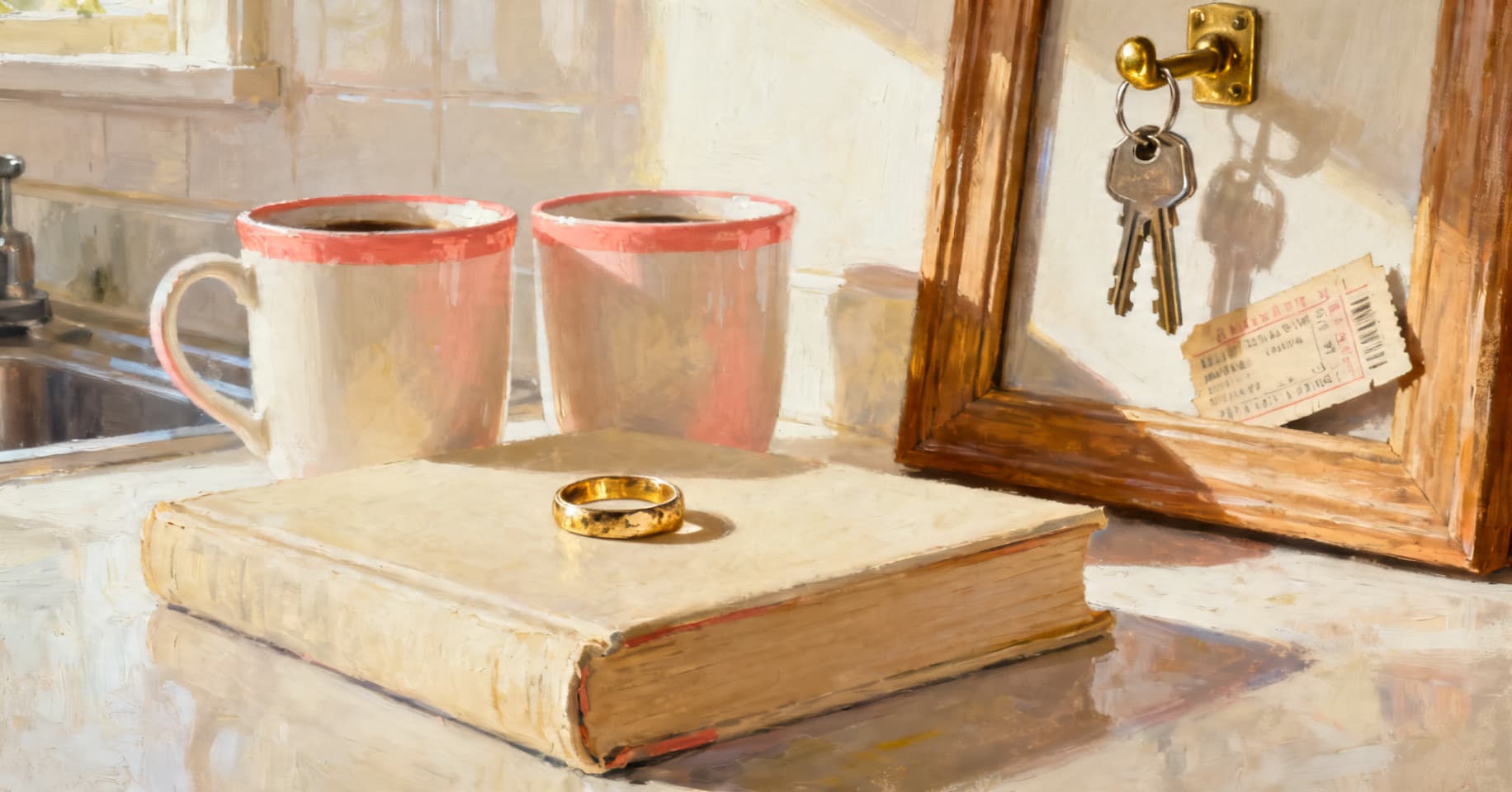 Painterly still life of a worn wedding band on a book, two coffee mugs, keys on a brass hook, and a faded ticket stub tucked in a wooden frame.