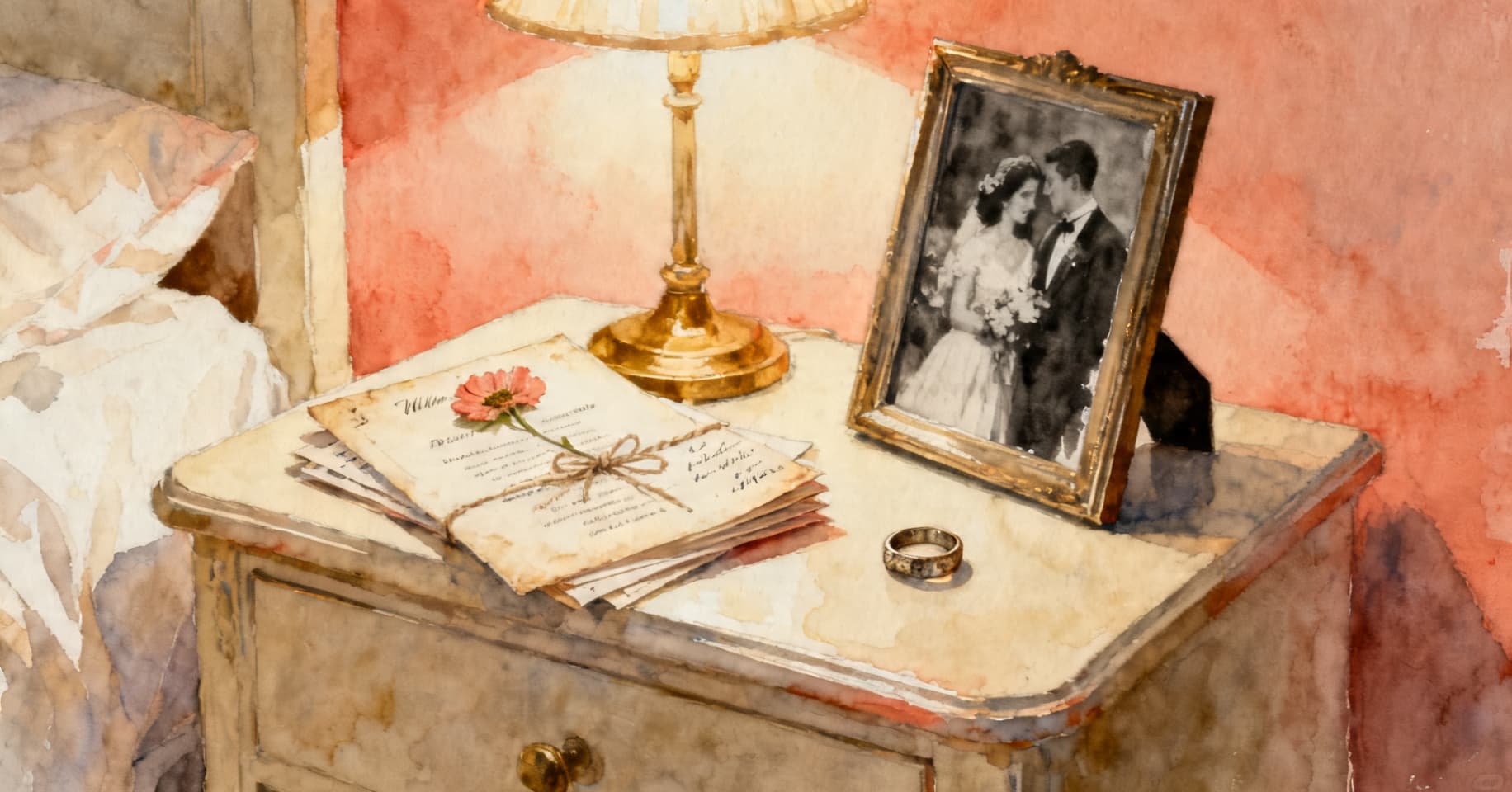Painterly still life of a faded wedding program, tied love letters, a pressed flower, and a wedding ring set on a lamp-lit nightstand.