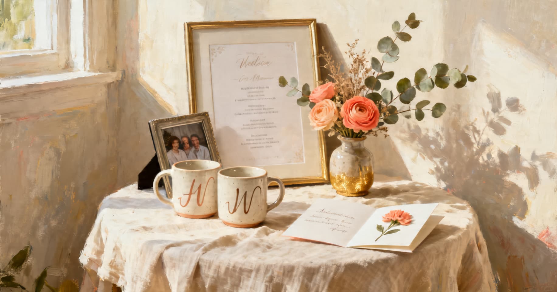 Still life of a framed wedding program, two initialed mugs, a dried wedding bouquet, a face-down family photo frame, and an open anniversary card on a linen table.