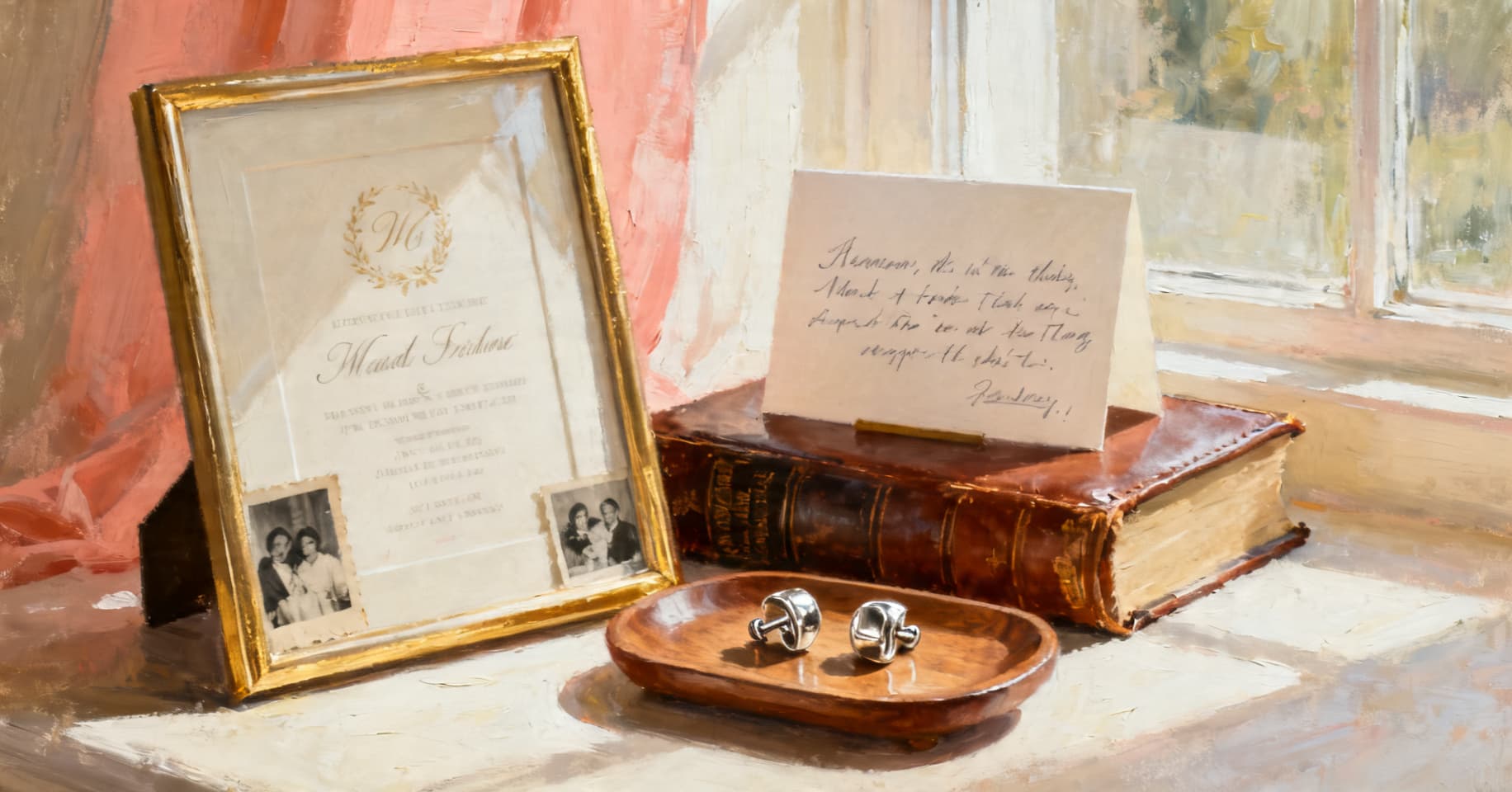Painterly still life of a framed wedding invitation, leather book, silver cufflinks on a wooden tray, and a handwritten anniversary card in warm cream and gold tones.