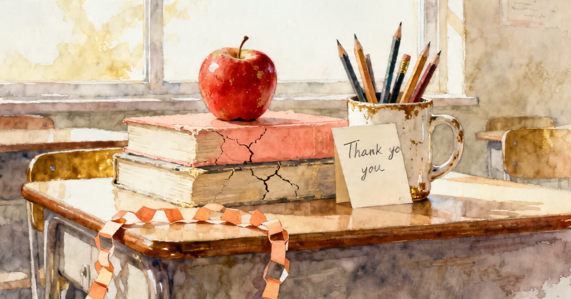 Painterly still life of a worn red apple on a stack of well-loved books, a chipped mug full of sharpened pencils, and a handwritten thank-you card on a sunlit teacher's desk.