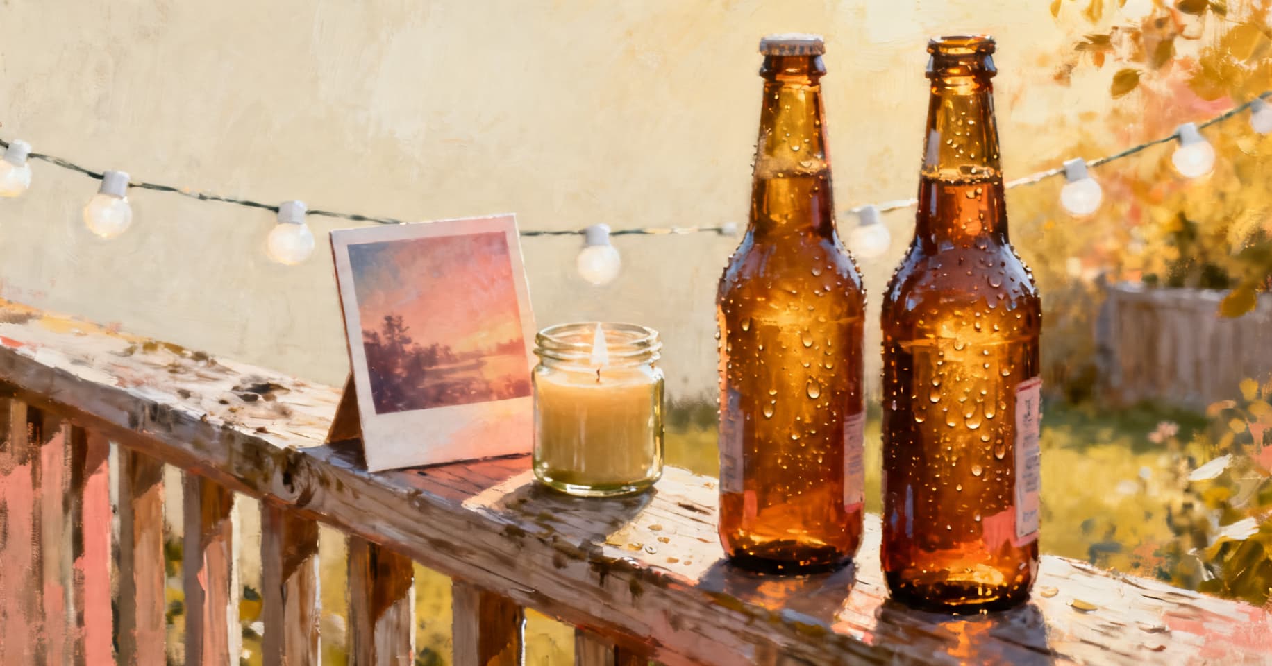 Painterly still life of two beer bottles, a faded Polaroid, and a citronella candle on a cedar deck railing with cafe lights behind.