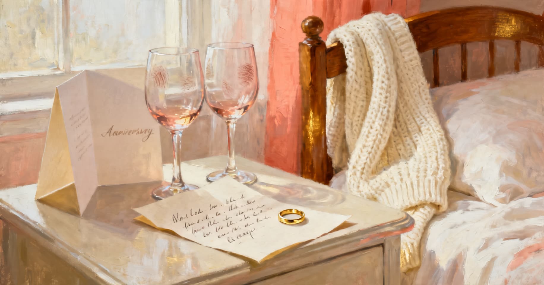 Still life of a gold wedding band on a folded love letter beside two wine glasses and a propped anniversary card in warm cream and gold light.