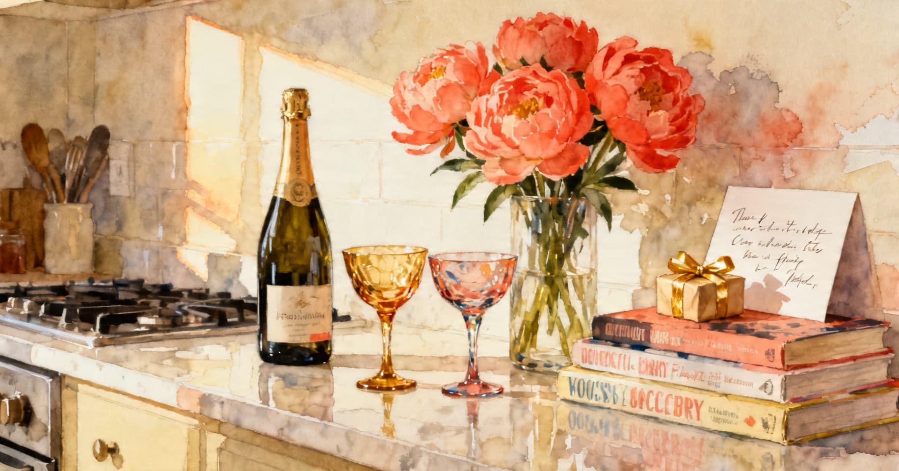 Painterly still life of a prosecco bottle, two coupe glasses, a stack of paperbacks, a gold-ribboned gift, and a handwritten card on a sunlit kitchen counter.