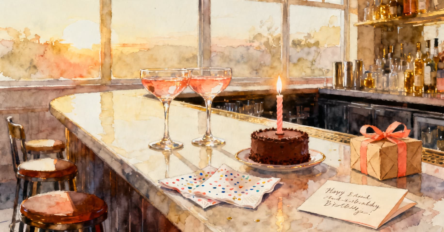 Painterly still life of two coupe glasses, a small chocolate cake with a lit candle, confetti napkins, and a small wrapped gift on a sunlit bar high-top.