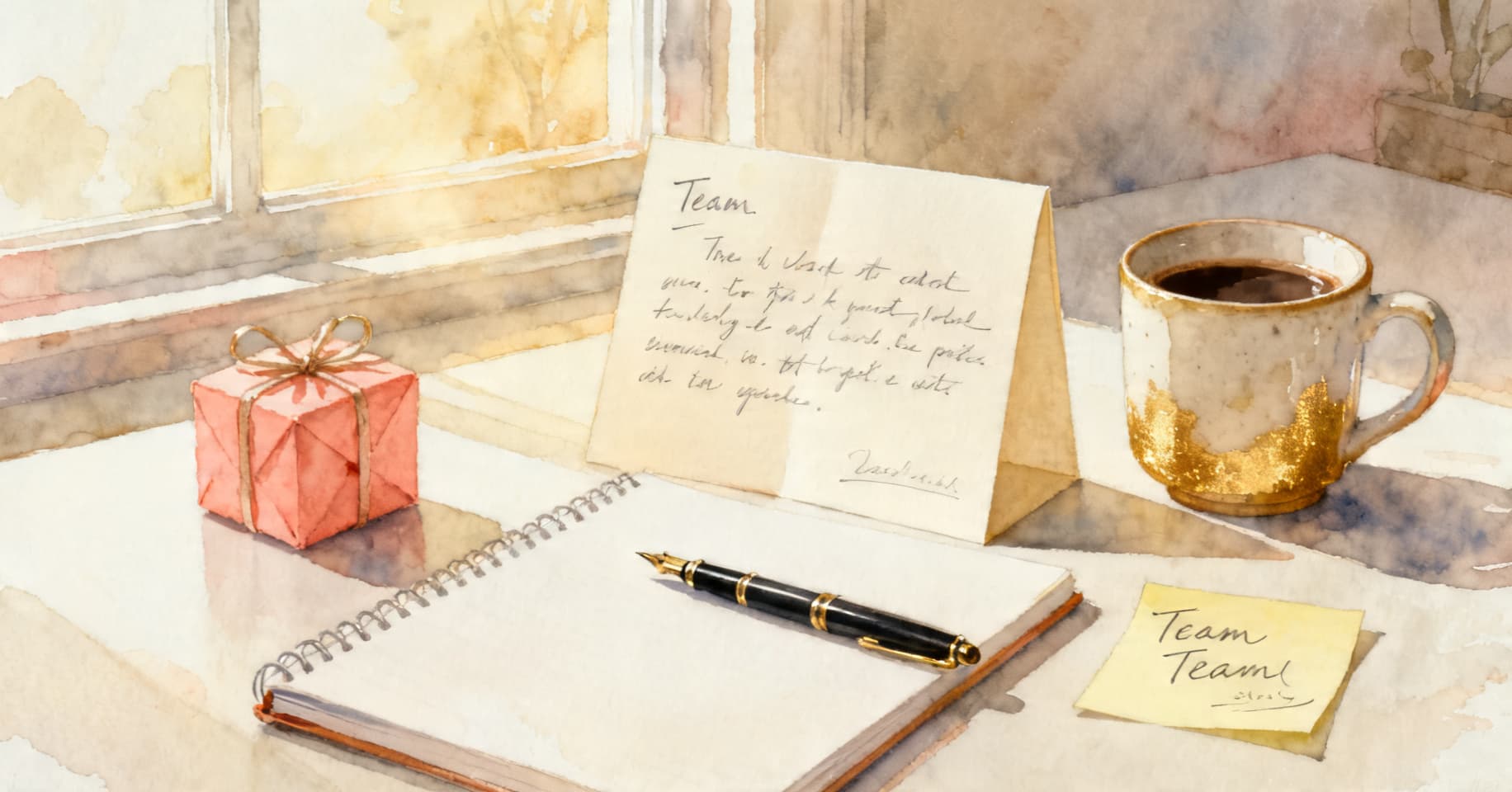 Painterly still life of a tidy desk with a small wrapped gift, an open team card, a fountain pen, a mug, and a signed sticky note in warm morning light.