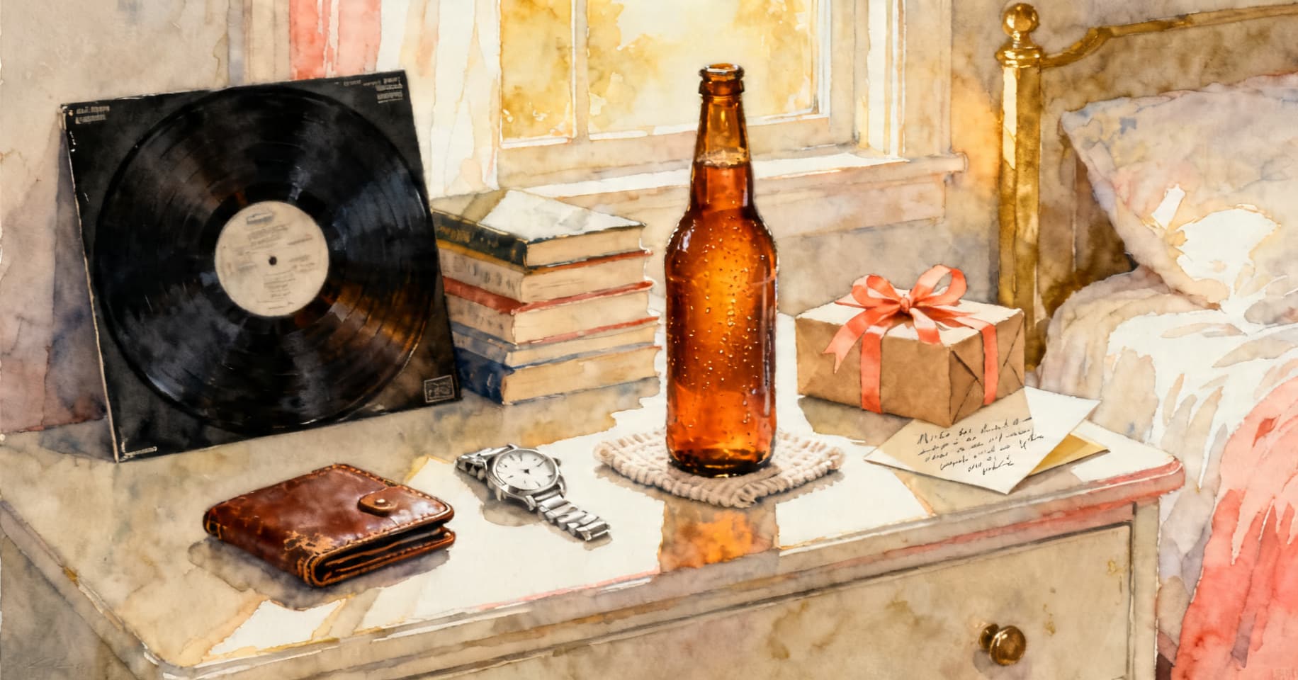 Painterly still life of a leather wallet, a silver watch, a vinyl record, a cold beer, and a small wrapped gift on a sunlit bedroom dresser.