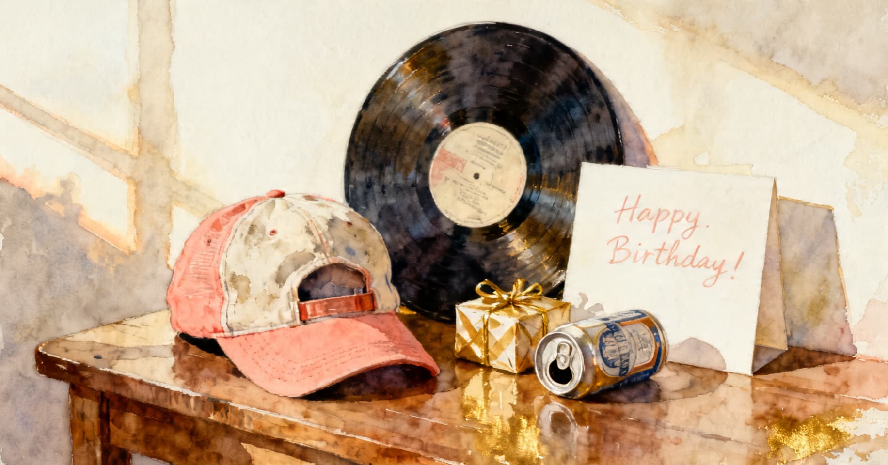 Painterly still life of a baseball cap, a vinyl record, a small wrapped gift, a beer can, and a handwritten birthday card on a wooden table.
