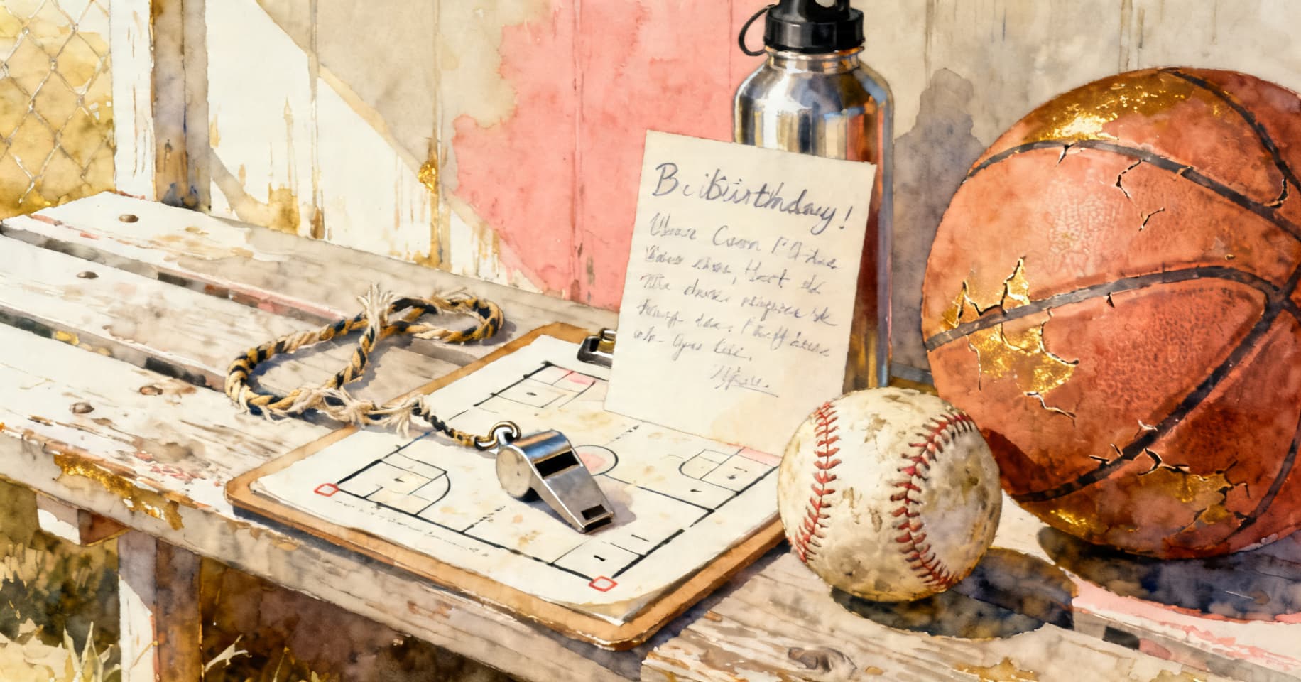 Painterly still life of a whistle on a lanyard, a clipboard with a plays diagram, a worn baseball, a water bottle, and a handwritten birthday card from the team on a dugout bench.