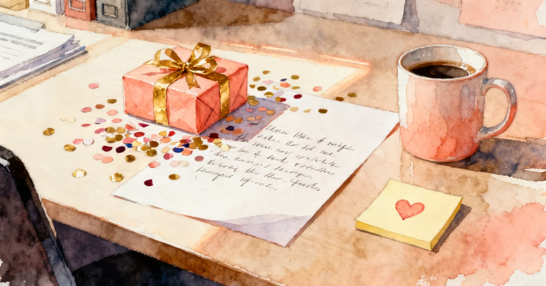 Painterly still life of confetti, a small wrapped gift, a handwritten card, a coffee mug, and a sticky note with a heart on a coworker's desk.