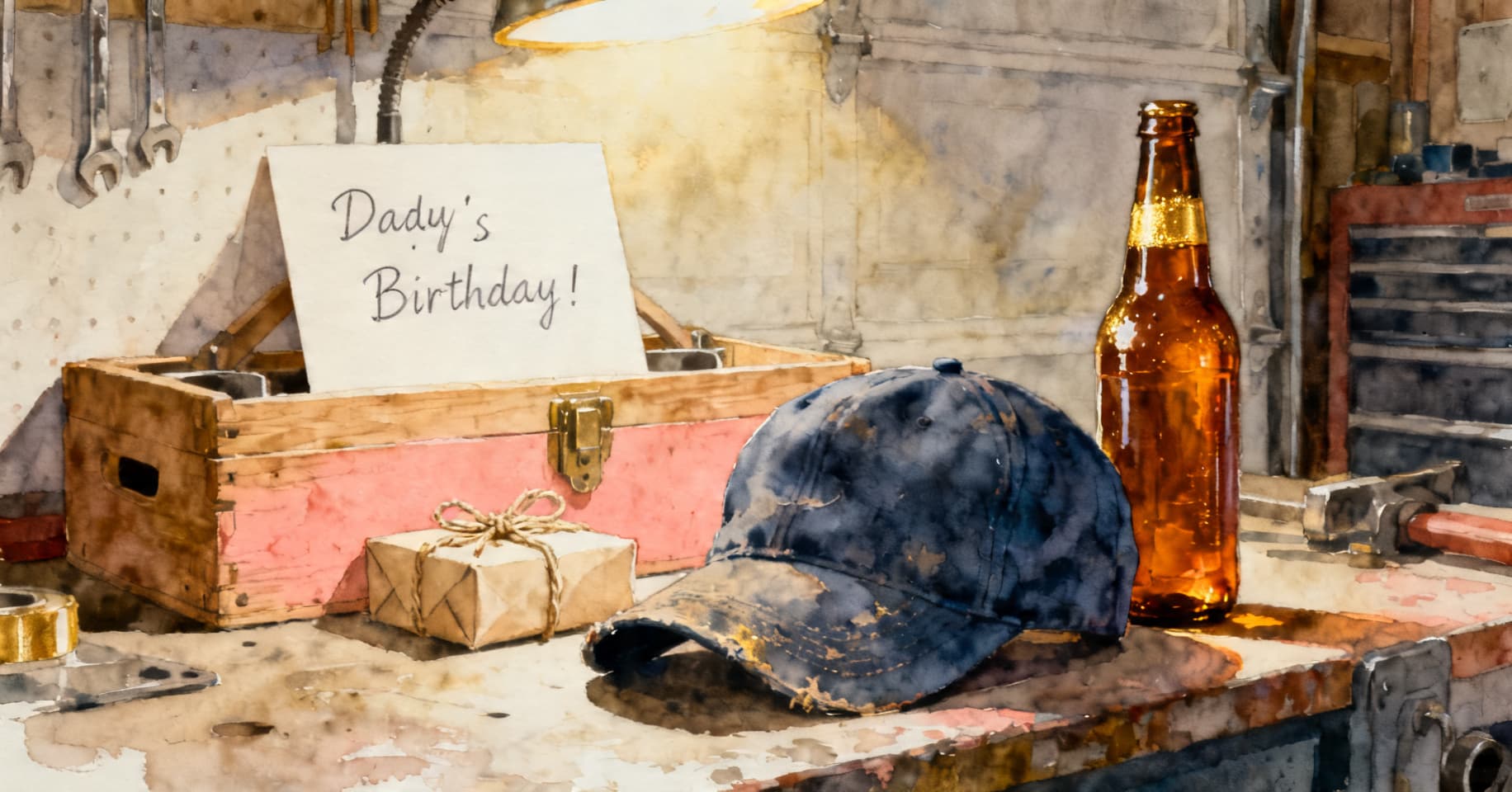 Painterly still life of a worn baseball cap, a cold beer, a small wrapped gift, and a handwritten card on a workshop bench in warm afternoon light.