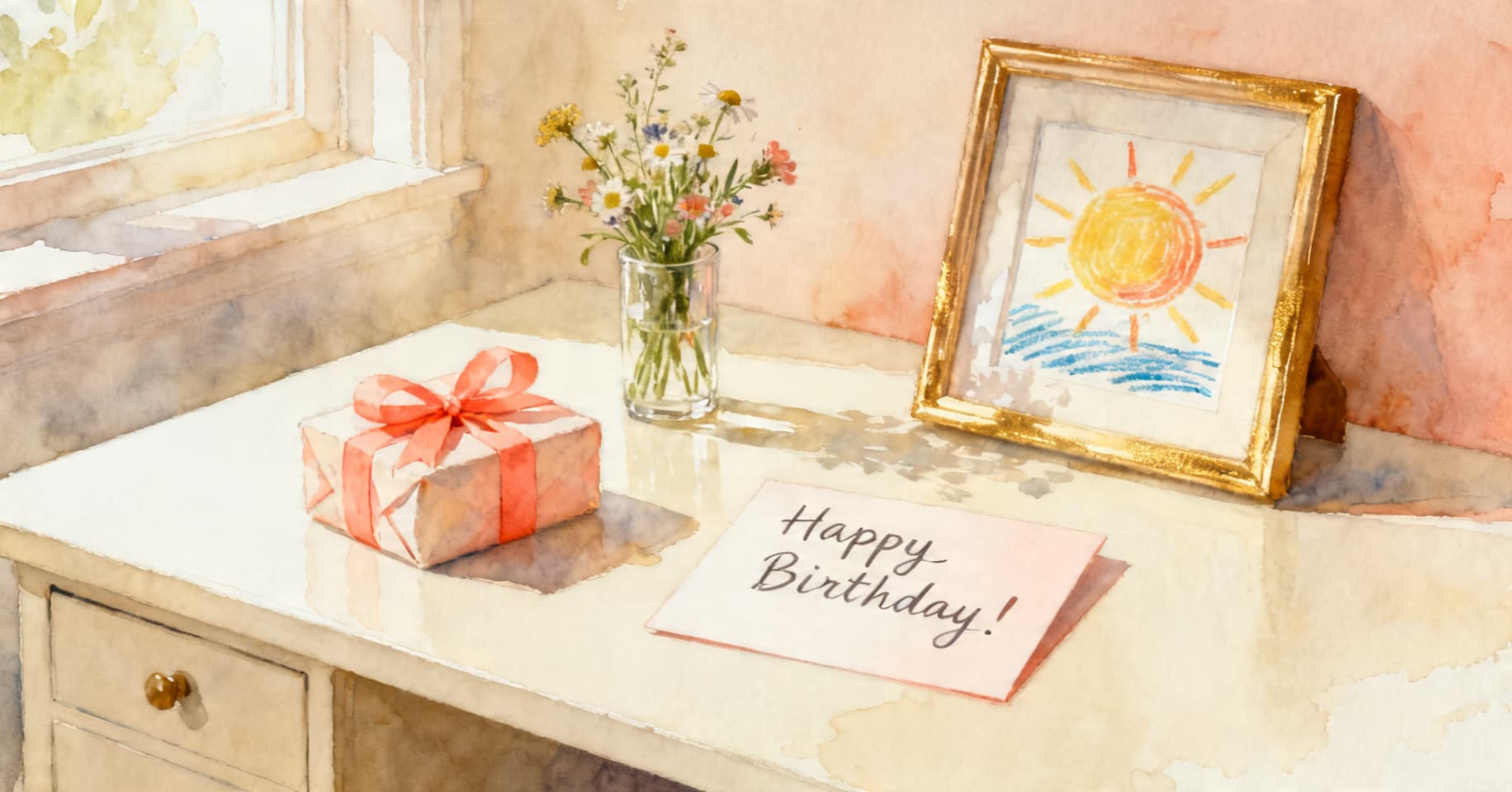 Painterly still life of a wrapped gift with coral ribbon, a handwritten birthday card, wildflowers in a glass, and a framed childhood crayon drawing on a cream desk.