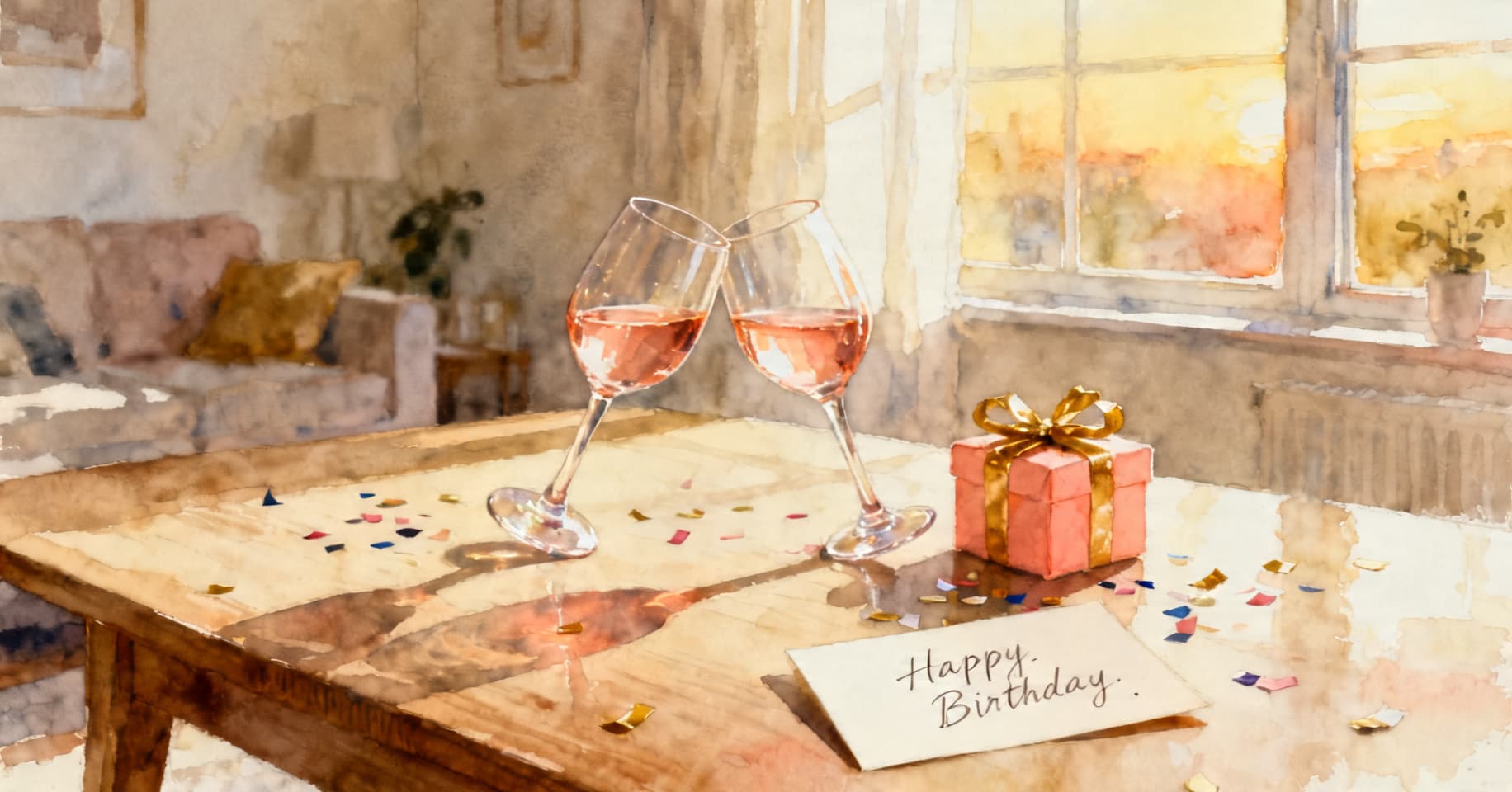 Painterly still life of two tilted wine glasses, a small wrapped gift with a gold ribbon, scattered confetti, and a handwritten card on a sunlit apartment table.