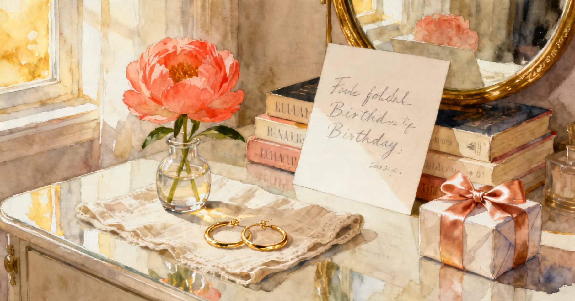 Painterly still life of a coral peony, gold hoop earrings, a handwritten card, and a small wrapped gift on a sunlit dressing table.