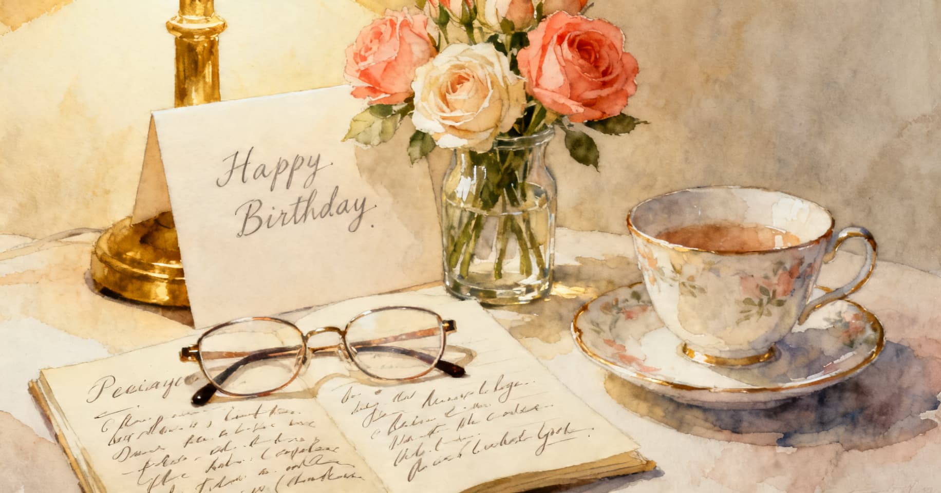Painterly still life of garden roses, a handwritten birthday card, reading glasses on a handwritten recipe card, and a tea cup under warm lamplight.