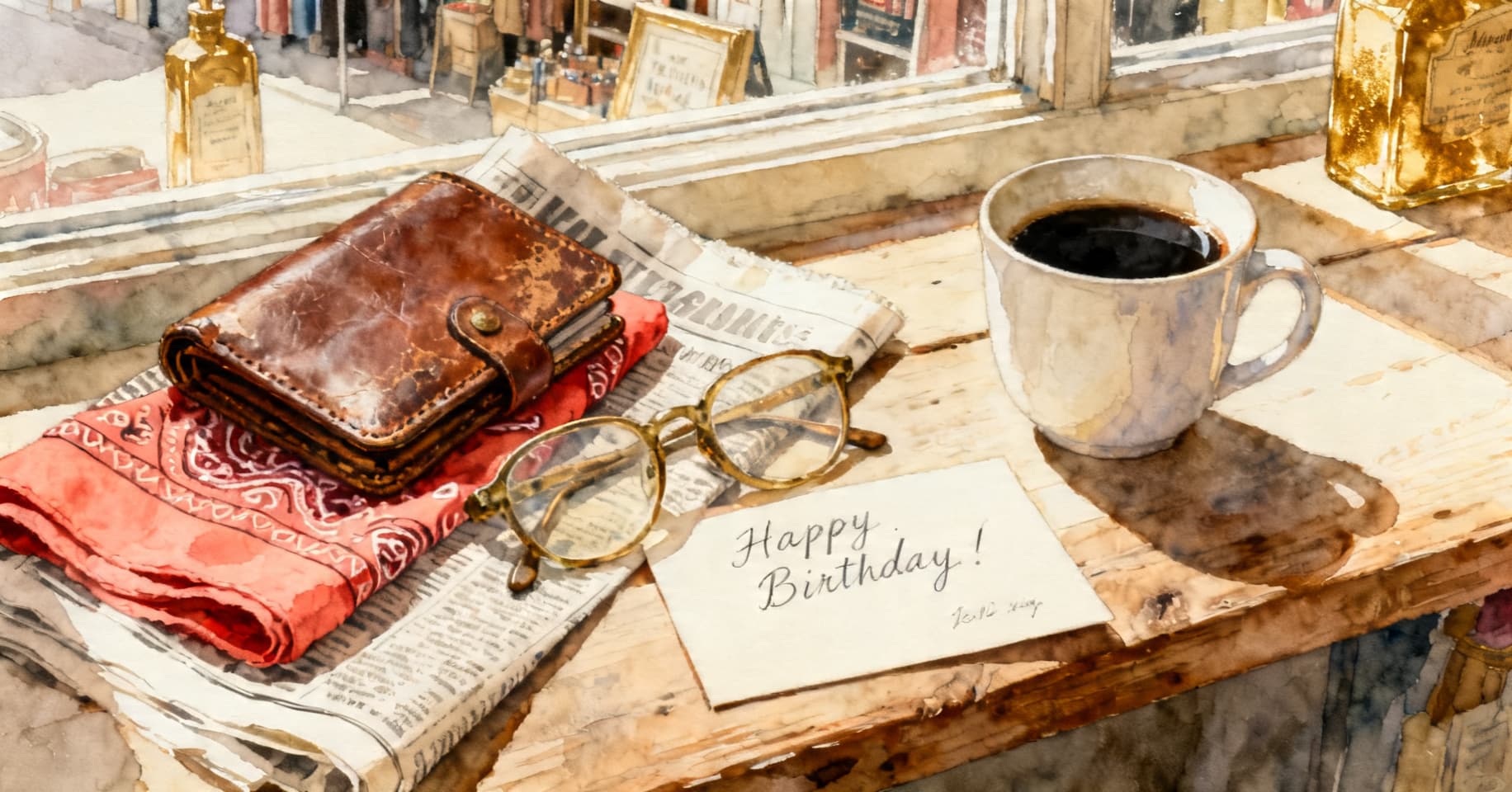 Painterly still life of a worn leather wallet, folded bandana, reading glasses on a newspaper, a birthday card, and black coffee on a wooden workbench.