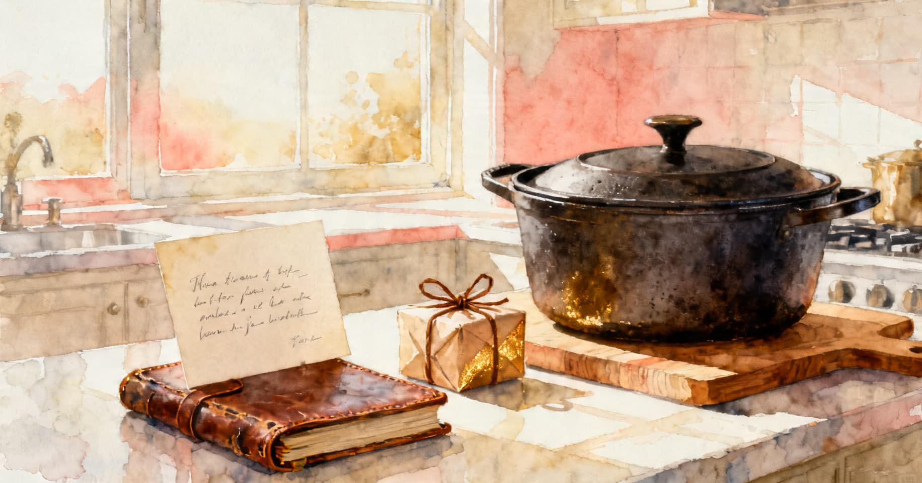 Painterly still life of a cast iron dutch oven, a twine-wrapped gift, and a handwritten card on a sunlit wooden kitchen counter.
