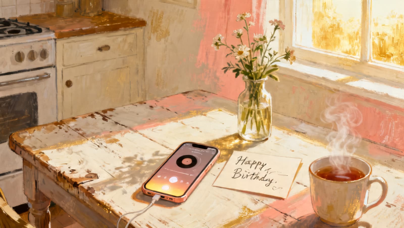 Painterly illustration of a phone playing music next to a handwritten Happy Birthday card and a vase of garden flowers on a sunlit kitchen table.
