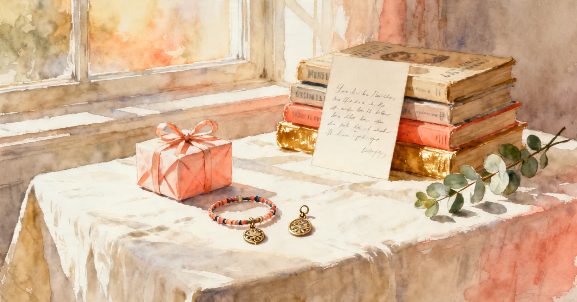 Painterly still life of a small wrapped gift, a handwritten card, charms, and a sprig of eucalyptus on a linen-covered birthday table.