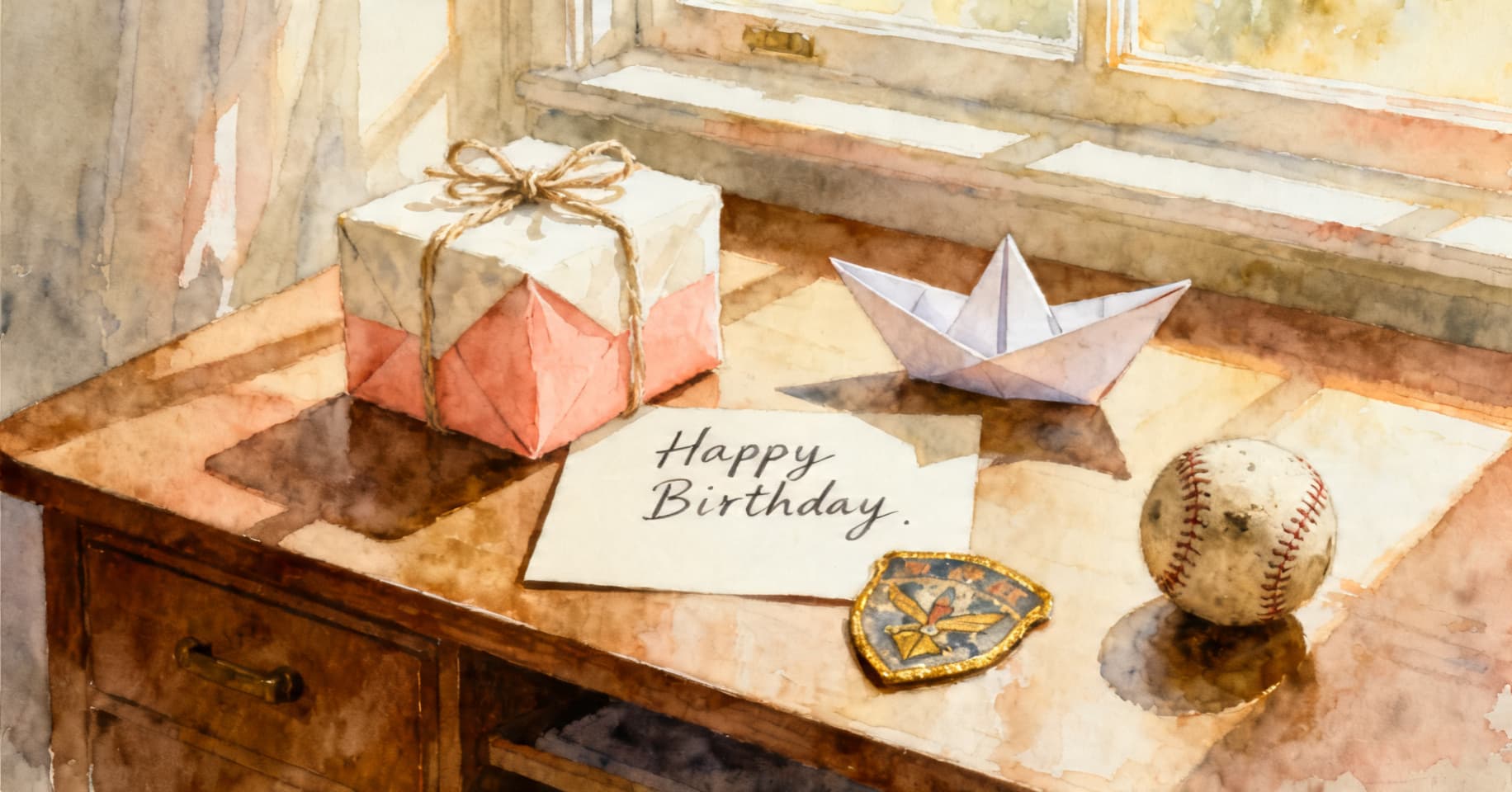 Painterly still life of a wrapped gift, a handwritten Happy Birthday card, a folded paper boat, a scout badge, and a worn baseball on a wooden desk.