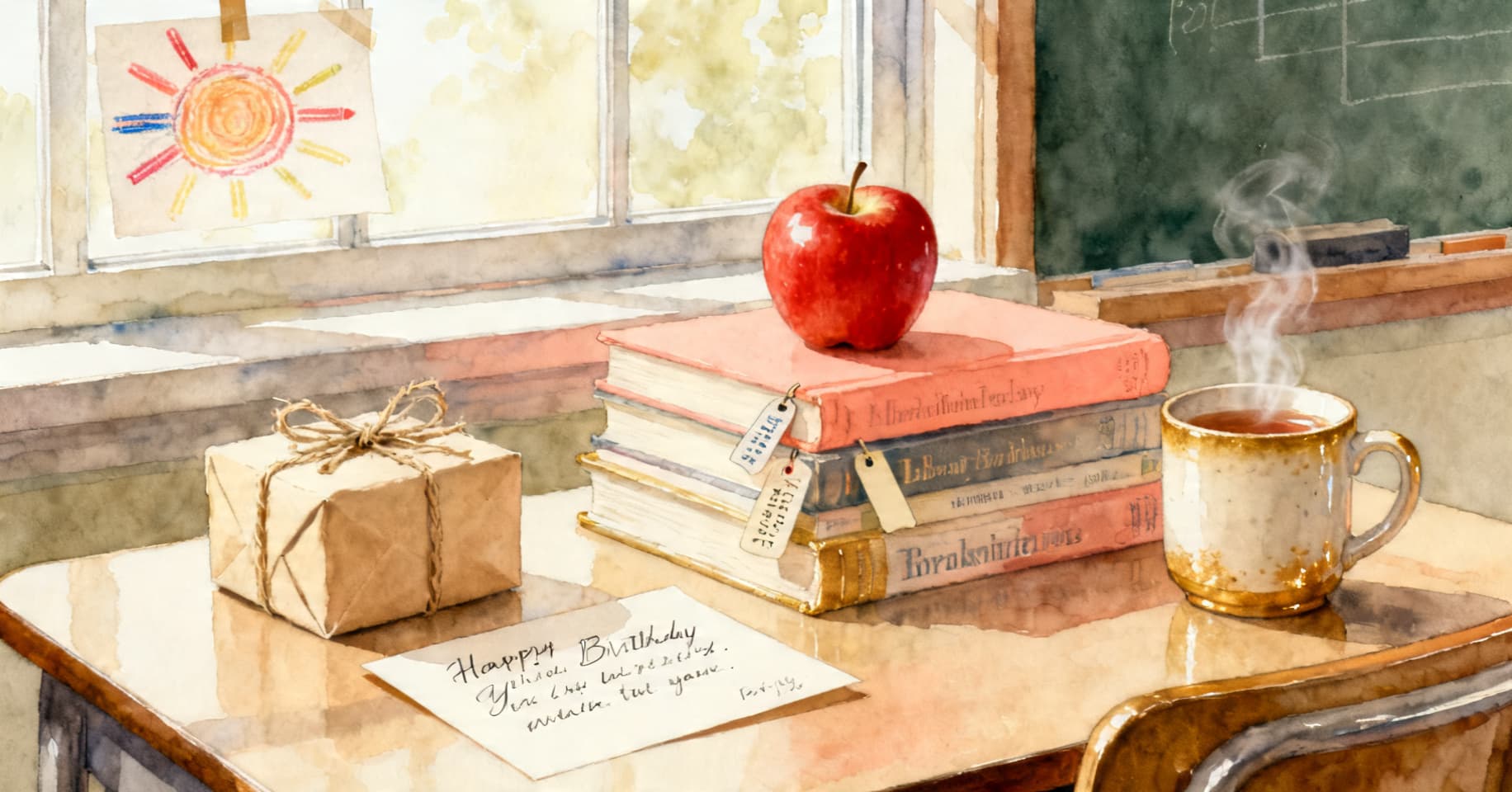 Painterly still life of a wrapped gift, a handwritten class card, a stack of library books, a red apple, and a steaming mug of tea on a sunlit teacher's desk.