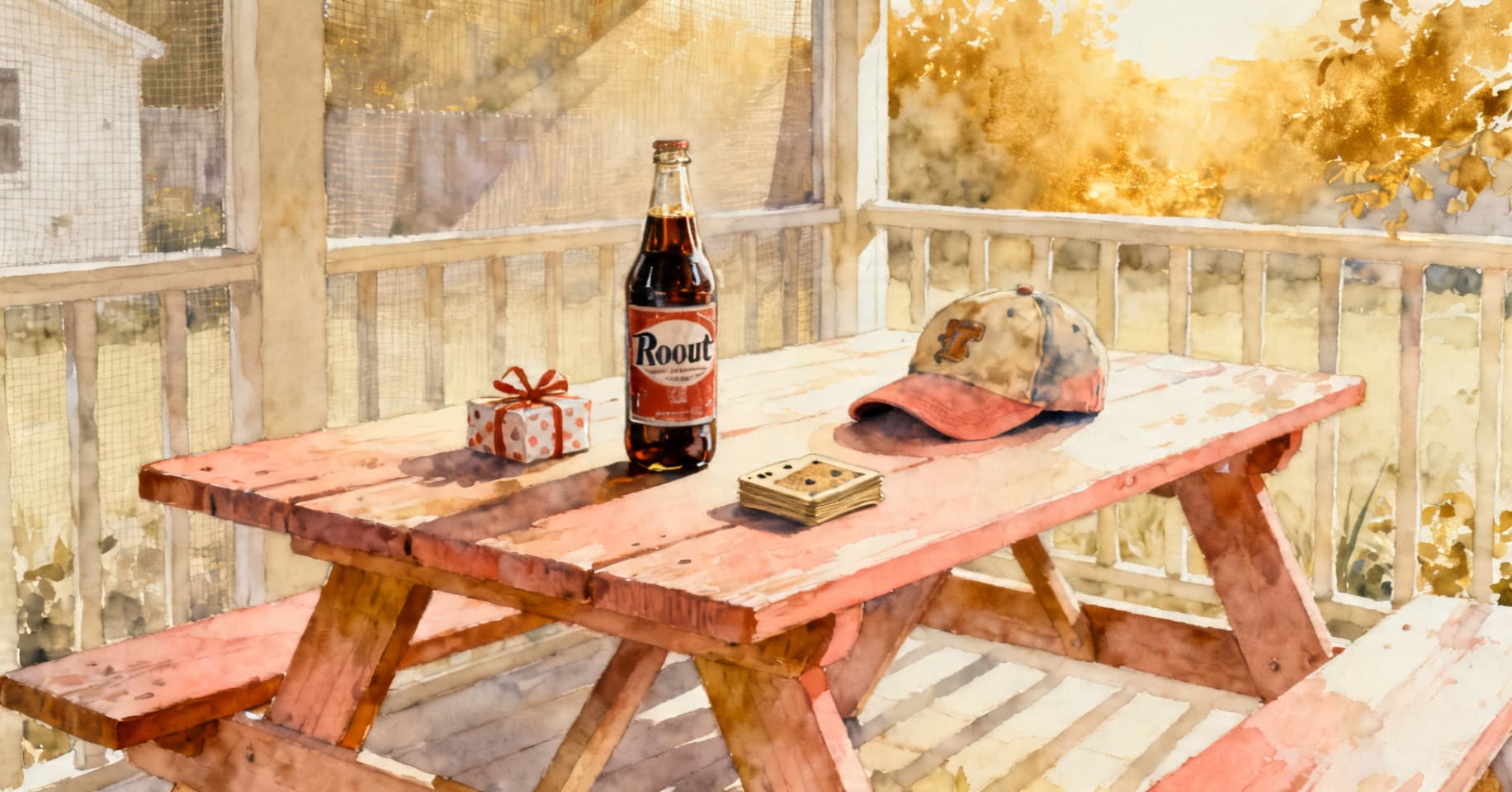 Painterly still life of a cold drink, a small wrapped gift, a deck of playing cards, and a faded ball cap on a wooden picnic table.