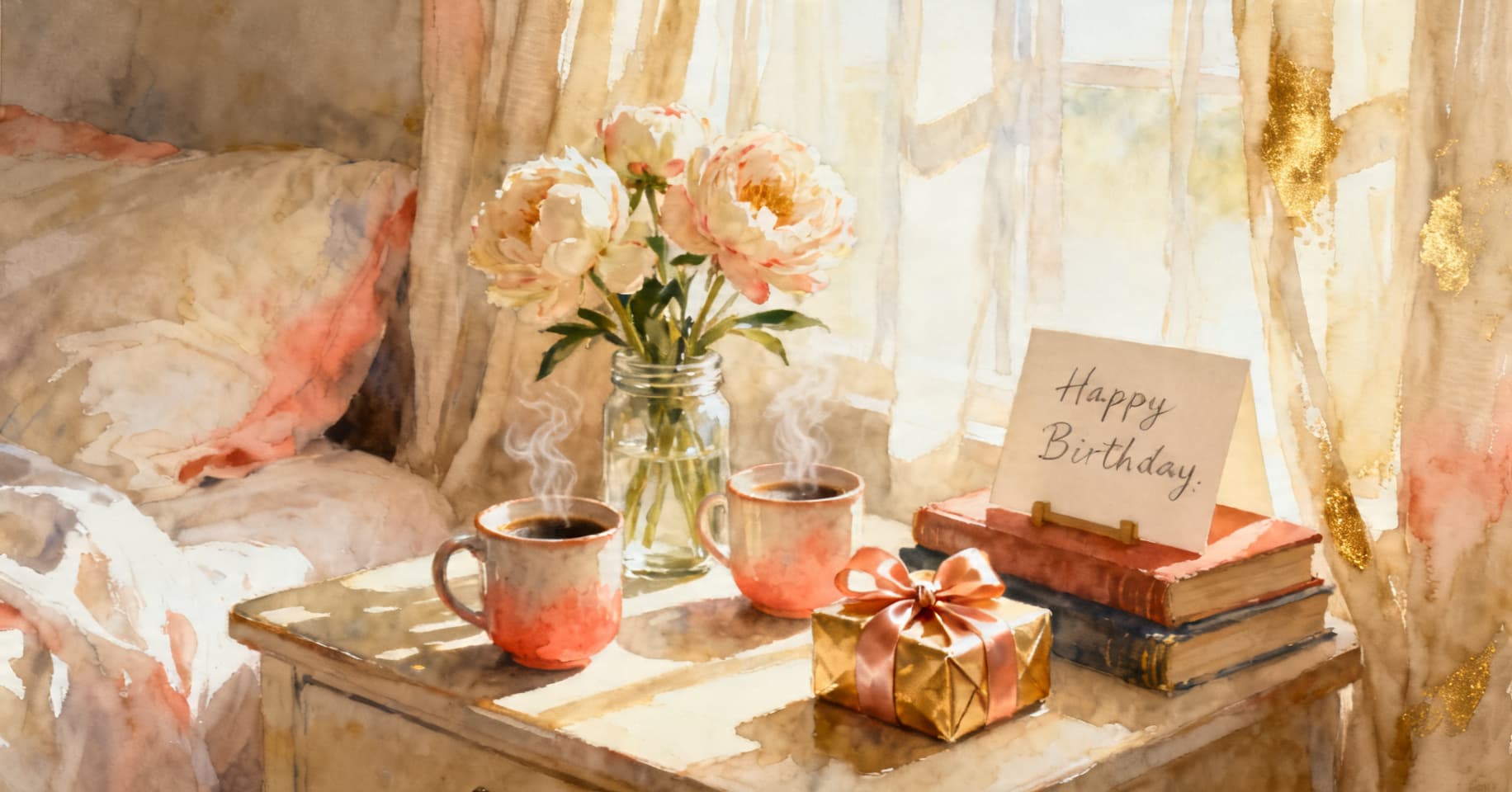 Painterly still life of pale peonies, two steaming mugs of coffee, a silk-ribboned gift, and a handwritten card on a sunlit bedside table.