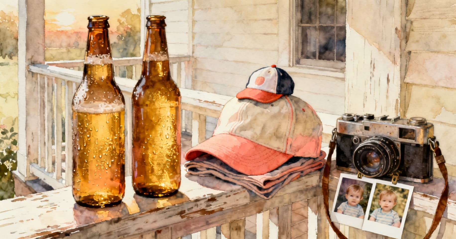 Painterly still life of two beer bottles on a porch rail, a folded adult baseball cap with a tiny child cap on top, and a vintage camera with polaroids of a toddler.