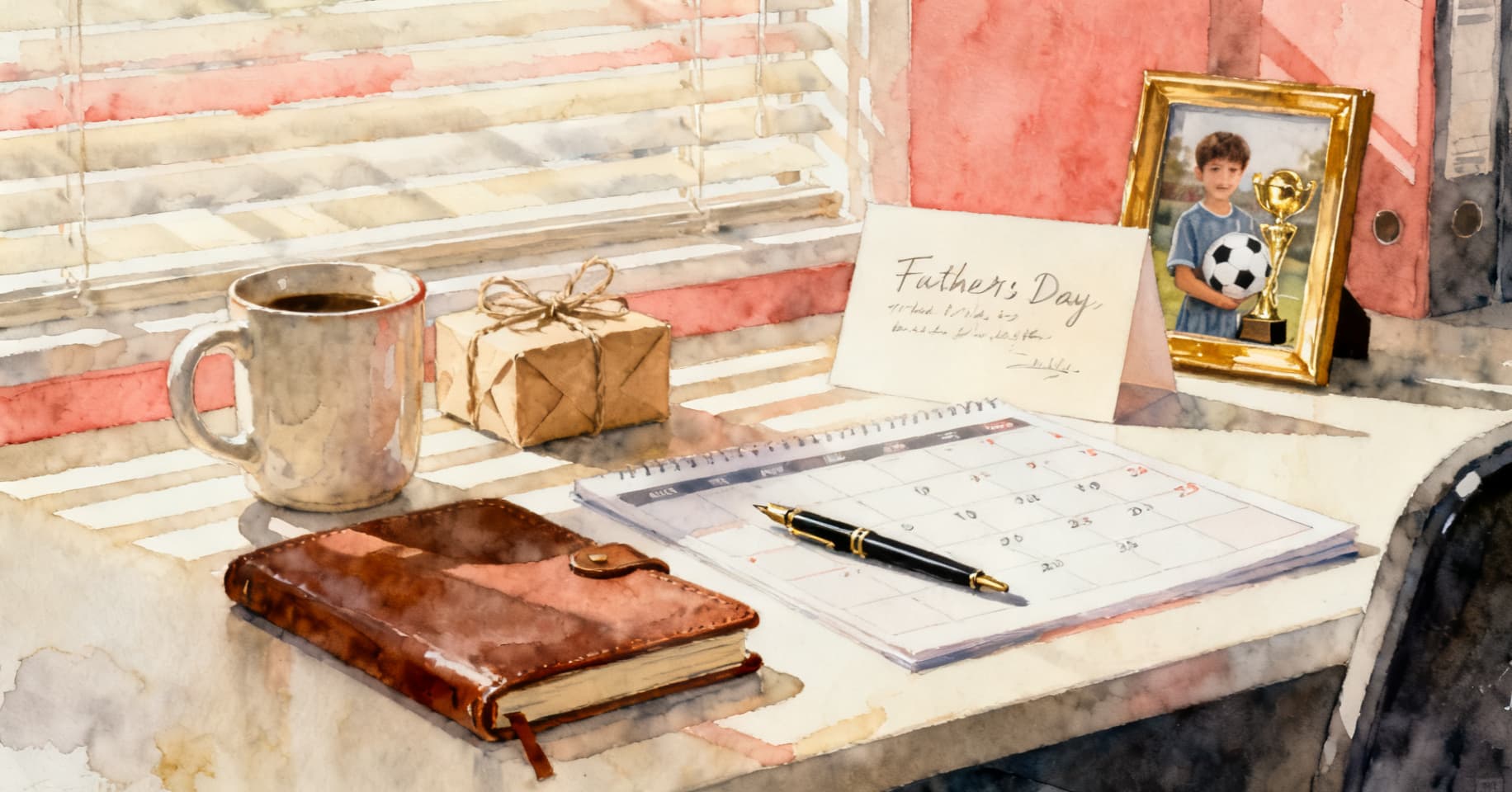 Painterly still life of a coffee mug, a small wrapped gift in kraft paper, a leather notebook, and a handwritten Father's Day card on a tidy office desk.