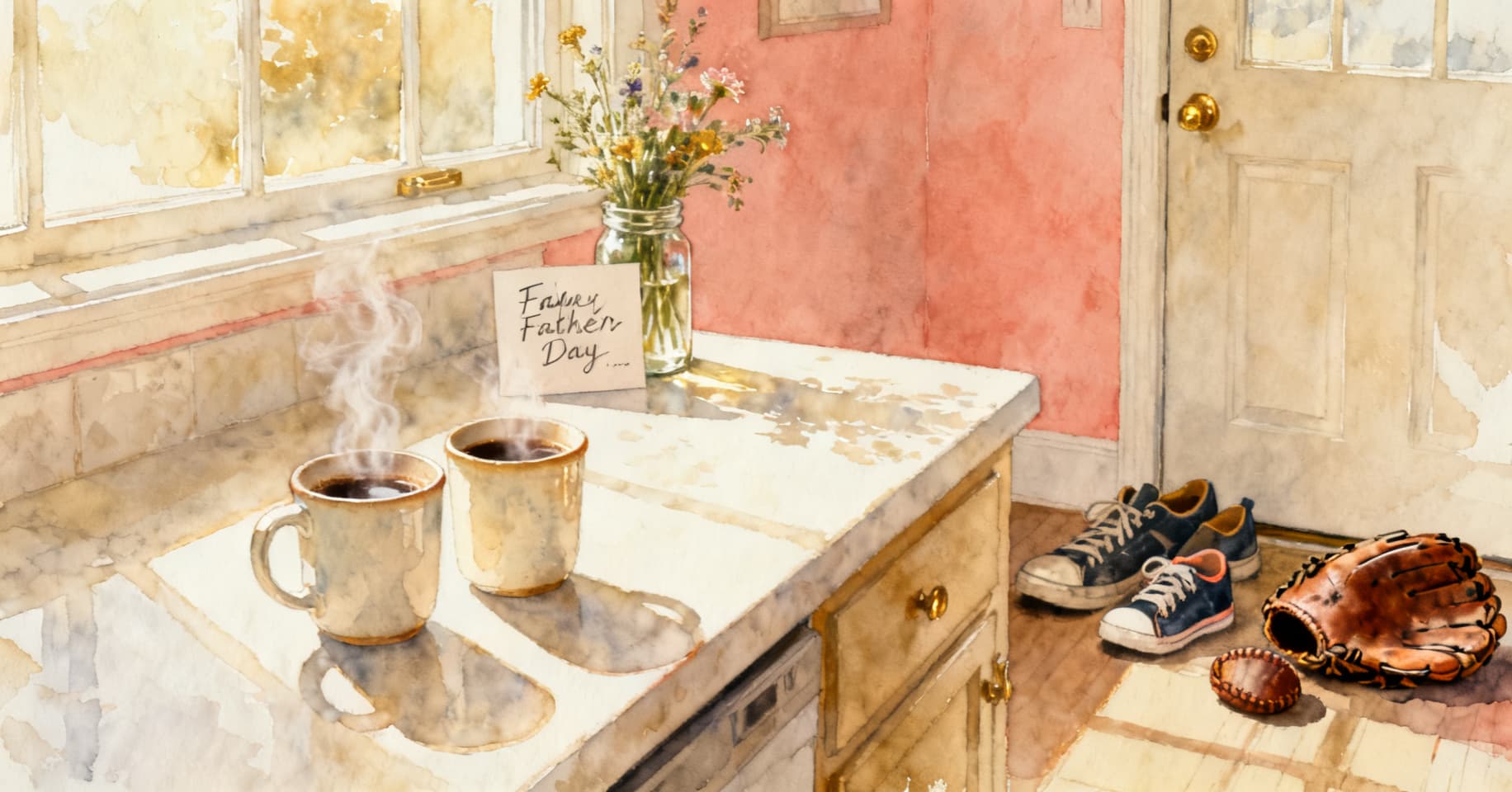 Painterly still life of two coffee mugs, a handwritten card, grown-up and kid-sized sneakers by the door, and a baseball glove beside a smaller mitt on a sunlit kitchen counter.