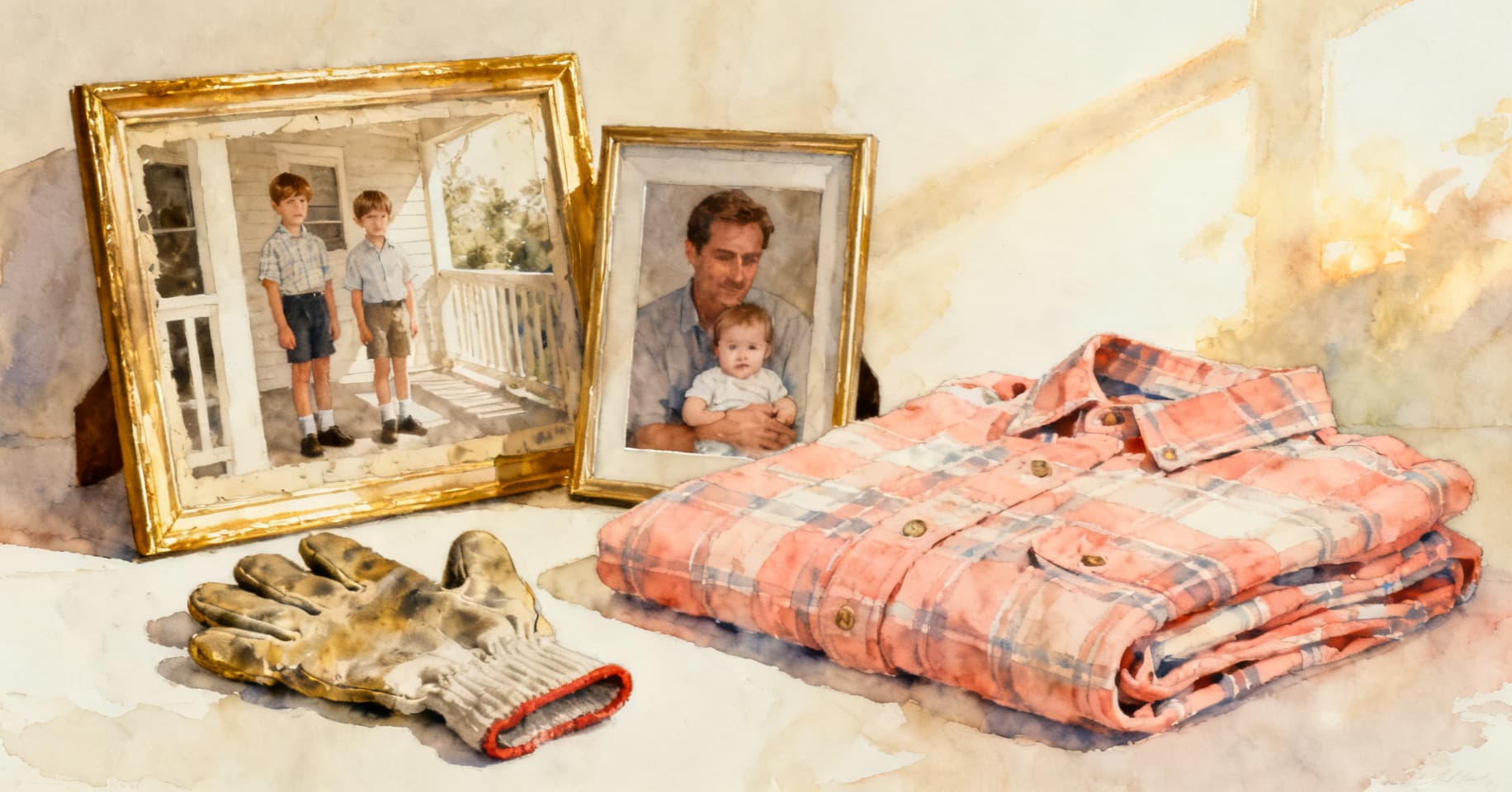 Painterly still life of two framed photos, a folded flannel shirt, and a worn work glove beside a small child's glove on a wooden surface.
