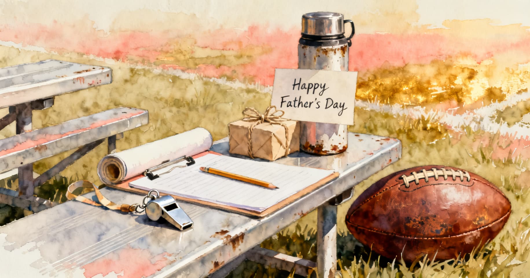 Painterly still life of a coach's whistle, a rolled-up clipboard, a worn football, a small wrapped gift, and a handwritten Father's Day card on a bleacher bench.