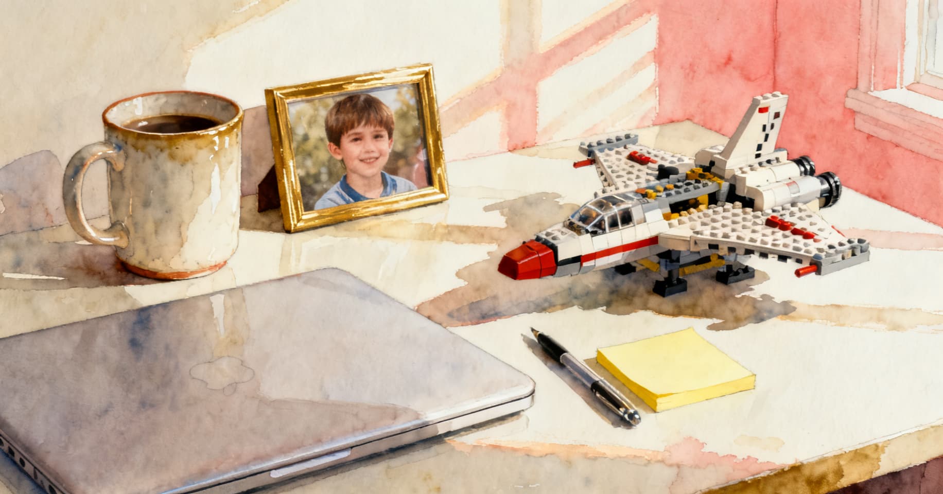 Painterly still life of a coffee mug, a framed kid photo, a half-built LEGO spaceship, and a sticky note reading pick up from practice 4pm on a sunlit office desk.