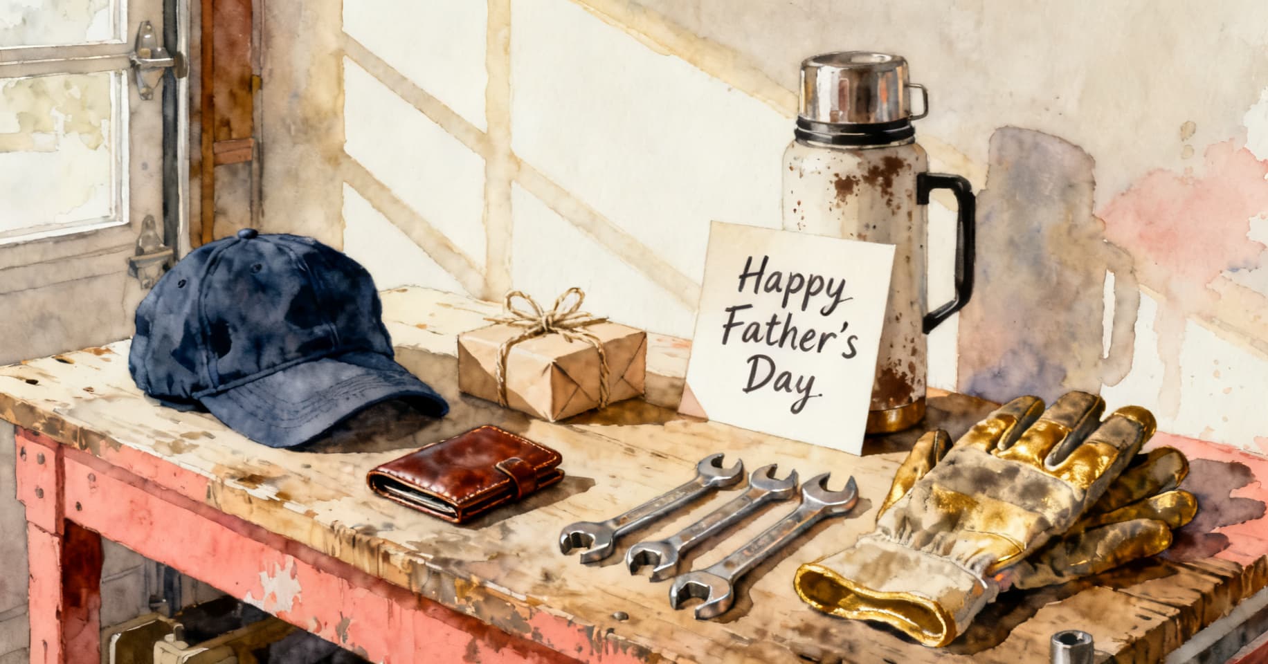 Painterly still life of a folded baseball cap, a leather wallet, a small wrapped gift, work gloves, and a handwritten Father's Day card on a weathered workbench.