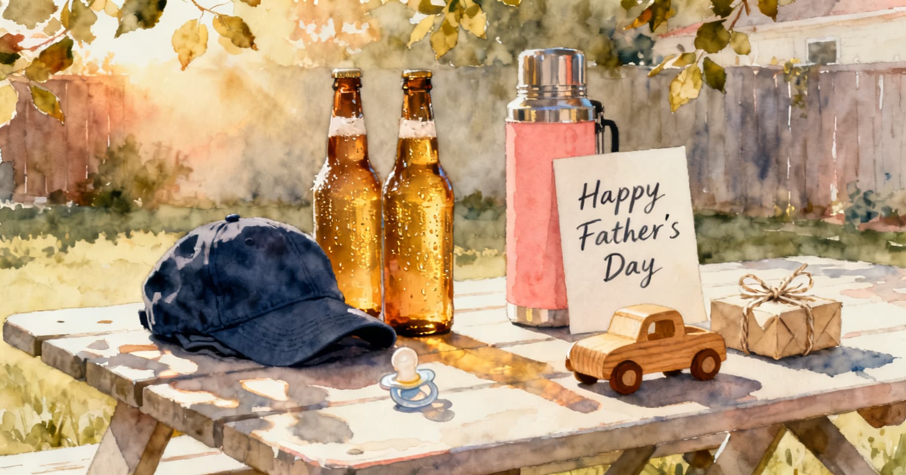 Painterly still life of two beer bottles, a folded baseball cap, a toy car, a pacifier, a wrapped gift, and a handwritten Father's Day card on a sunlit backyard picnic table.