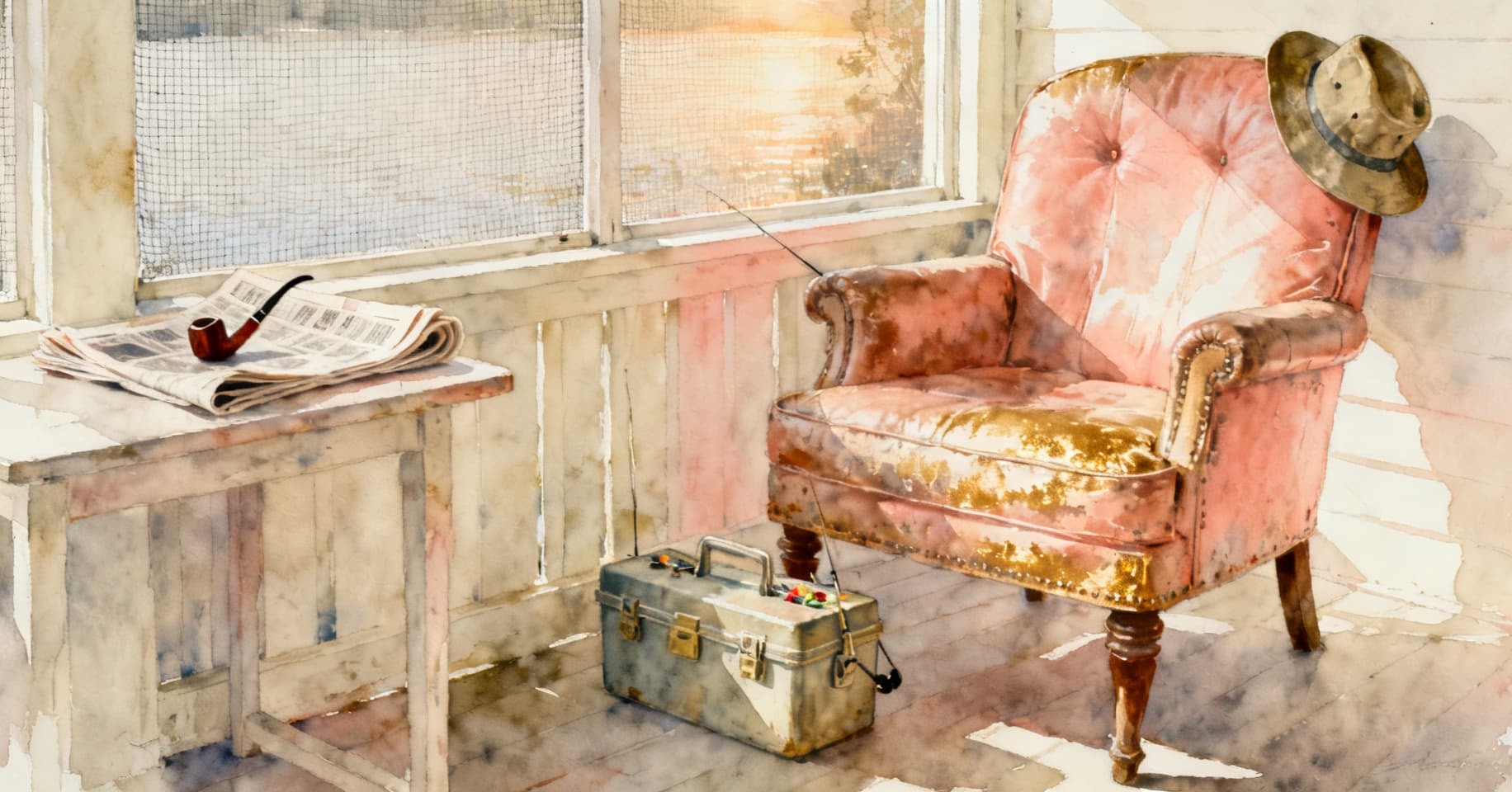 Painterly still life of a weathered leather armchair, a pipe on a folded newspaper, a tackle box, and an old fishing hat in warm porch light.