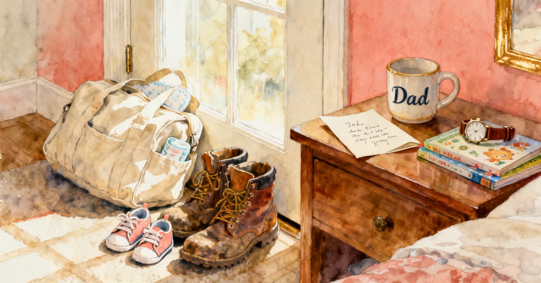 Painterly still life of a diaper bag by the door, men's boots next to tiny toddler sneakers, and a Dad mug on a nightstand beside a stack of board books and a man's watch.