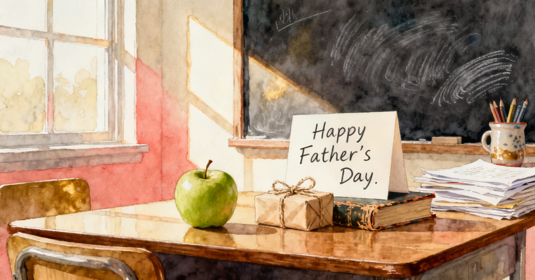 Painterly still life of a green apple, a small wrapped gift, a chalkboard, a stack of papers, and a handwritten Father's Day card on a wooden teacher's desk.